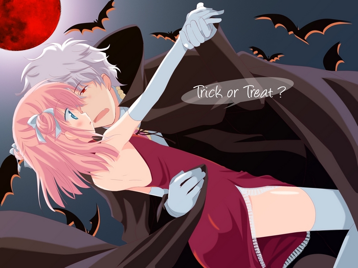 Vampire and Girl Dancing with Bats and Red Moon