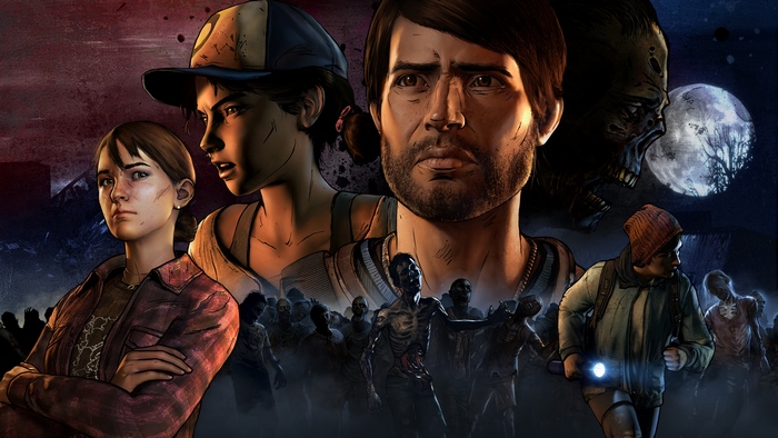 Clementine and others from The Walking Dead with zombies