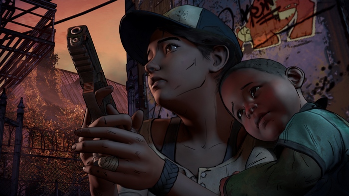 Clementine from The Walking Dead holding a gun with a child