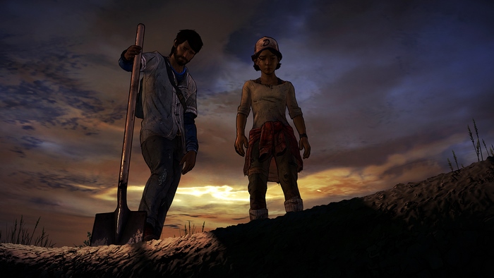 Clementine and man with shovel from The Walking Dead