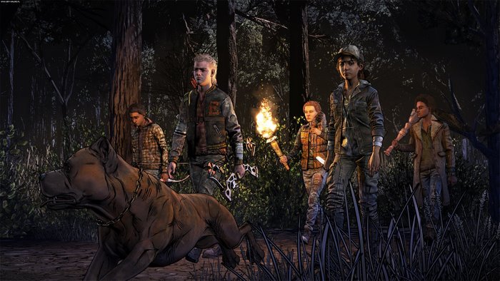 Clementine and group with dog in The Walking Dead