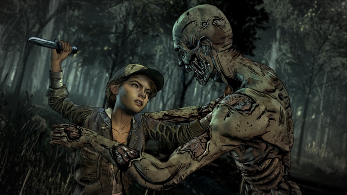 Clementine from The Walking Dead fighting a walker