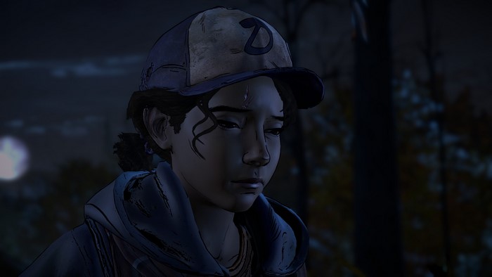 Clementine from The Walking Dead in a forest at night