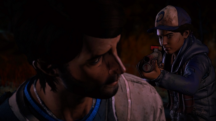Clementine from The Walking Dead aiming a gun