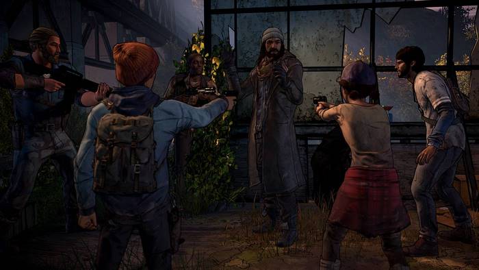 Clementine and group with guns in The Walking Dead