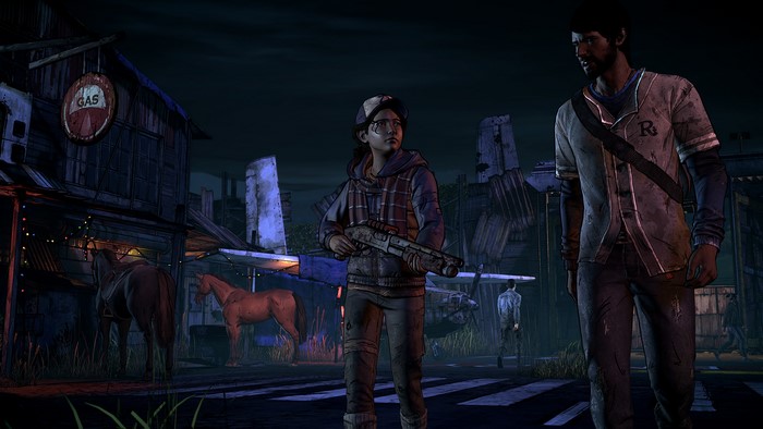 Clementine and man in post-apocalyptic town