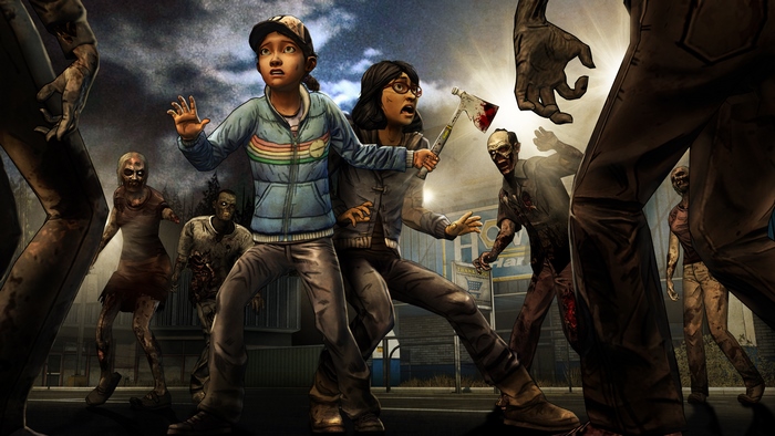 Clementine and companion fight zombies in The Walking Dead
