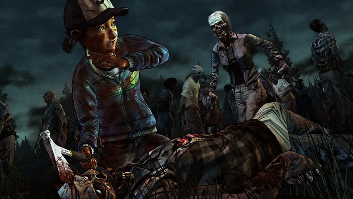 Clementine from The Walking Dead fighting zombies