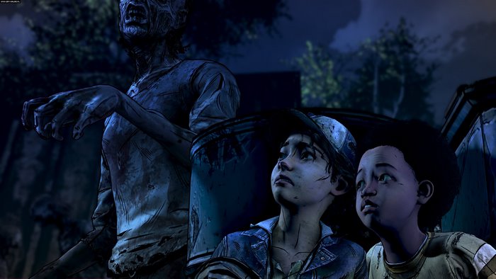 Clementine and AJ from The Walking Dead with a walker