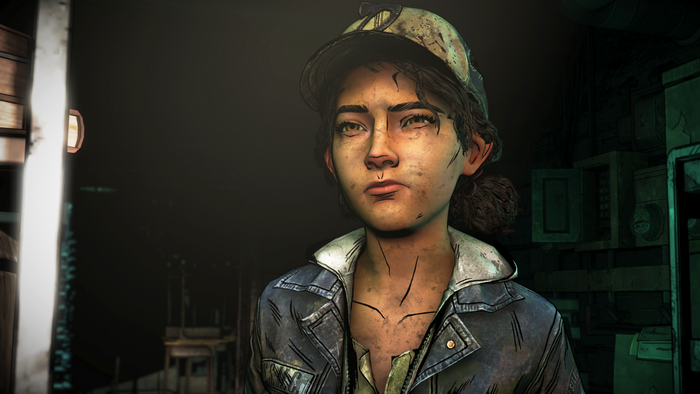 Clementine from The Walking Dead in Dimly Lit Room