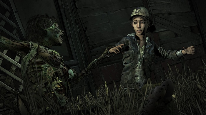 Clementine from The Walking Dead fighting a walker