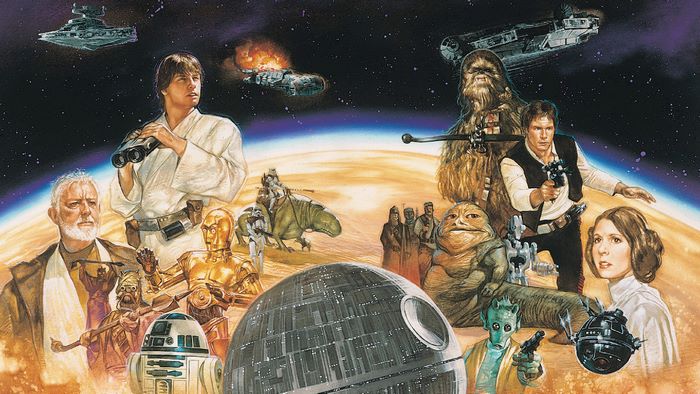 Star Wars characters with Death Star and ships