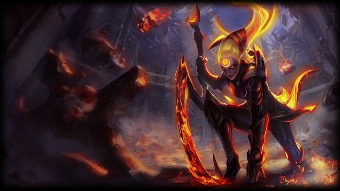 Diana from League of Legends with fiery scythe
