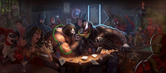 Bane and Venom arm wrestling, surrounded by superheroes and villains