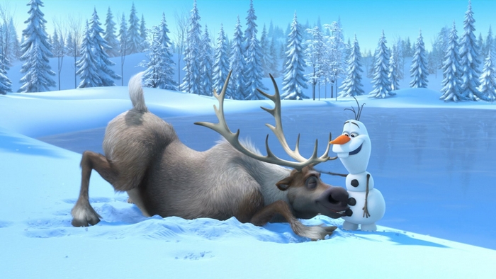 Olaf and Sven in a snowy landscape from Frozen