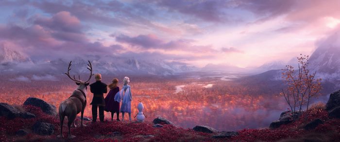 Olaf and friends from Frozen overlooking a valley