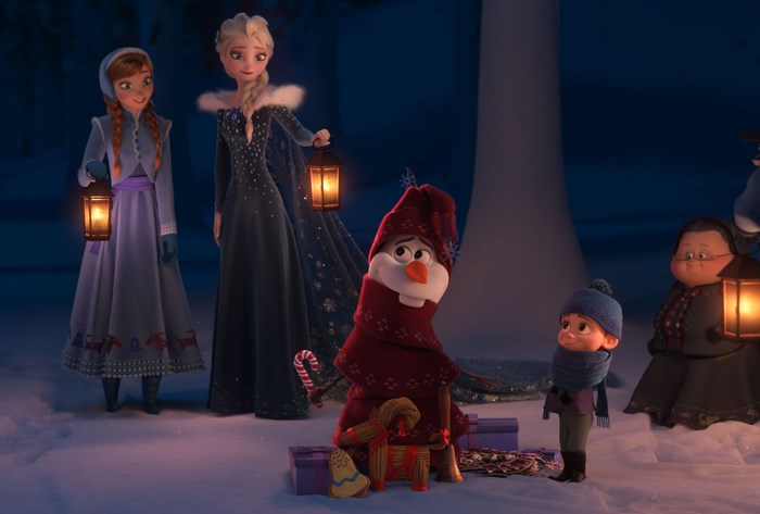 Olaf and friends with lanterns in the snow