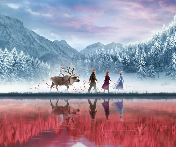 Olaf and friends walking by a lake