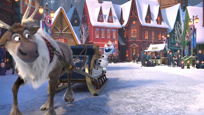 Sven and Olaf from Frozen in a snowy town