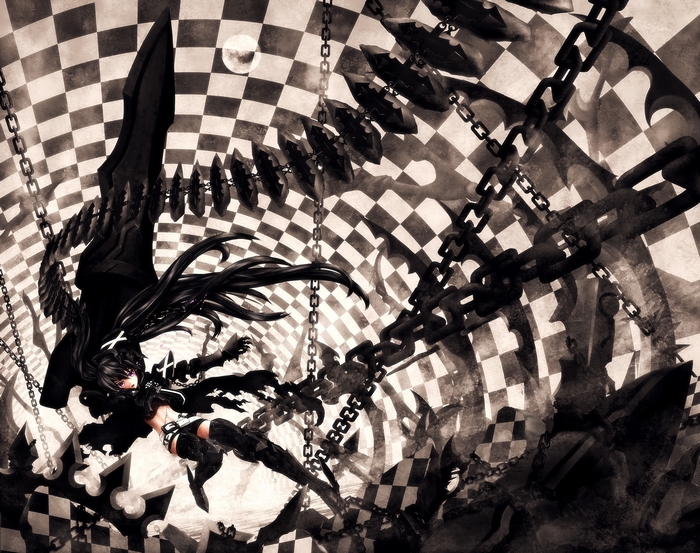Insane Black Rock Shooter with chains and checkered background