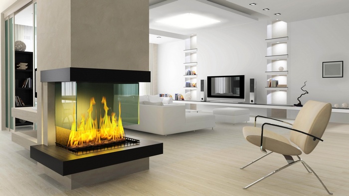 Modern living room with fireplace and armchair