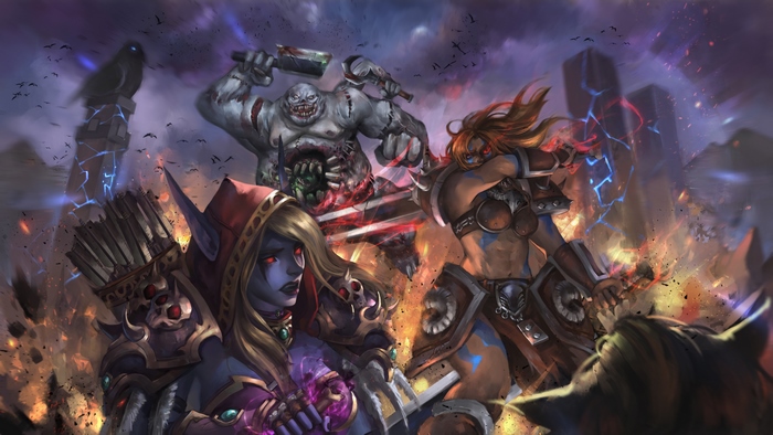 Sylvanas Windrunner and allies fighting a monster