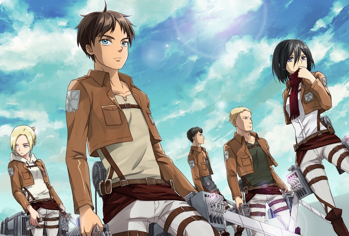 Attack on Titan characters Eren, Mikasa, Reiner, Annie, and Bertholdt