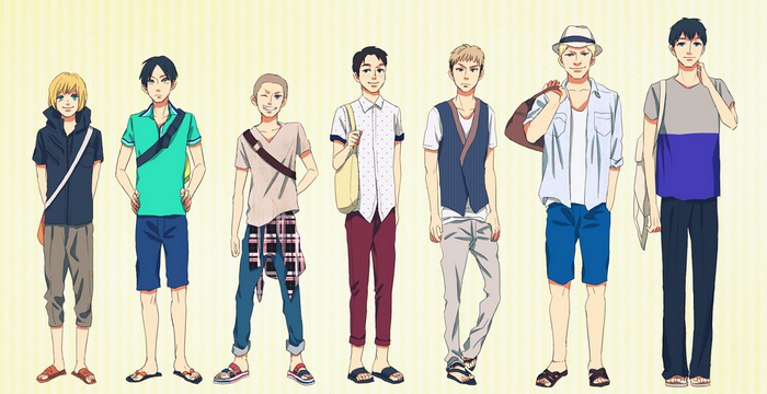 Group of young men in casual summer outfits