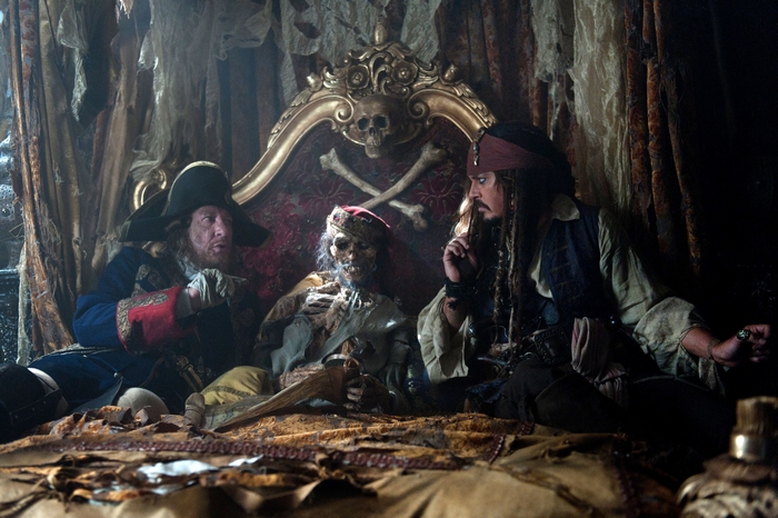 Hector Barbossa and Captain Jack Sparrow with a skeleton