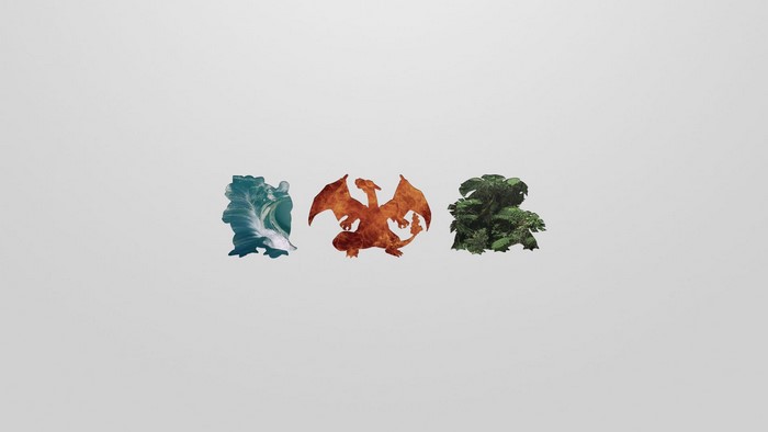 Water, Fire, and Grass Pokemon silhouettes