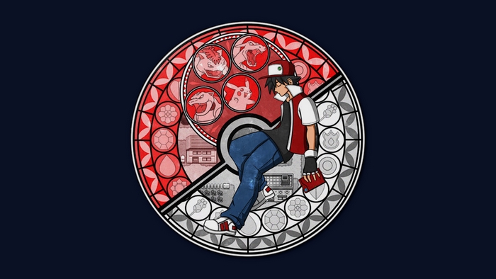 Red from Pokemon in a stained glass design
