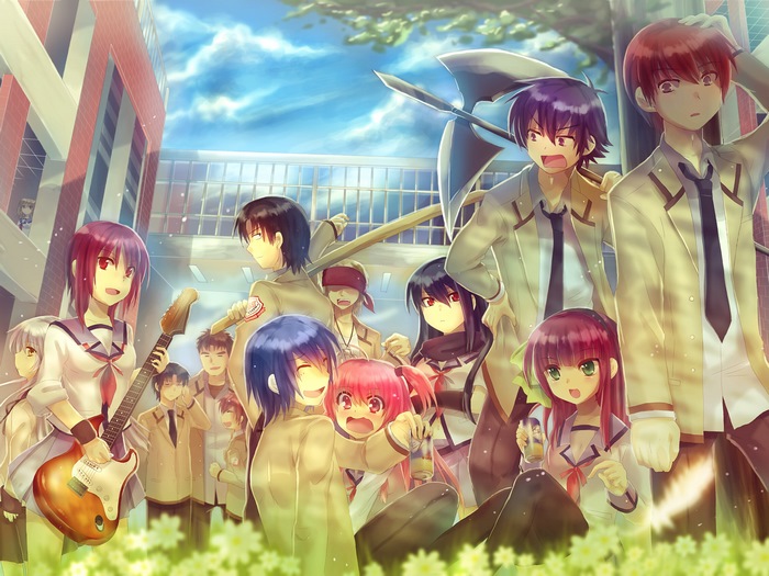 Angel Beats! characters in a schoolyard