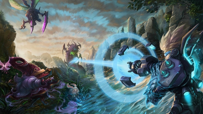 Ezreal from League of Legends fighting monsters