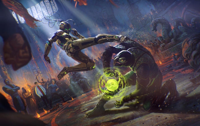 Robot fighting a creature in a ruined arena