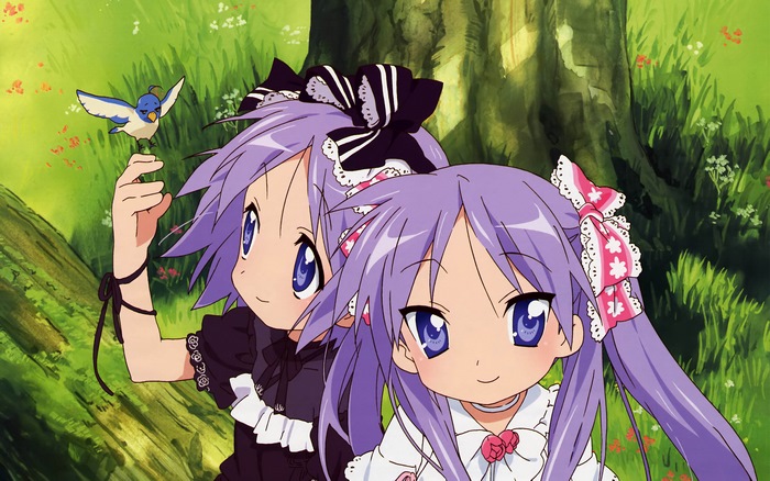 Kagami Hiiragi with a bird in a forest