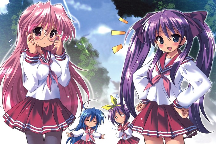 Kagami Hiiragi and friends in school uniforms