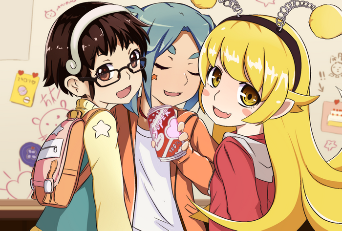 Yotsugi Ononoki and friends sharing a drink