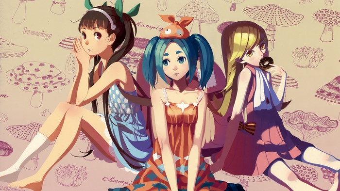 Three anime girls sitting with mushroom background