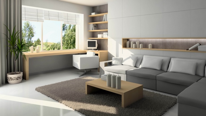 Modern living room with sofa and desk