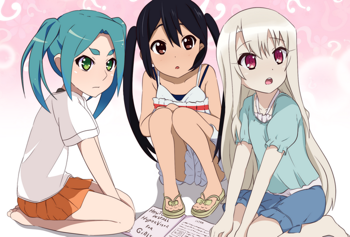 Three anime girls sitting on the floor