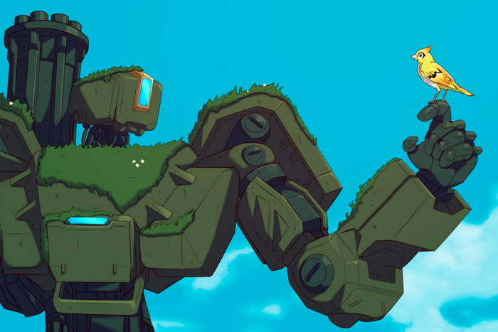 Bastion from Overwatch with a bird