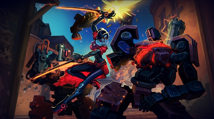 Bastion from Overwatch fighting robots
