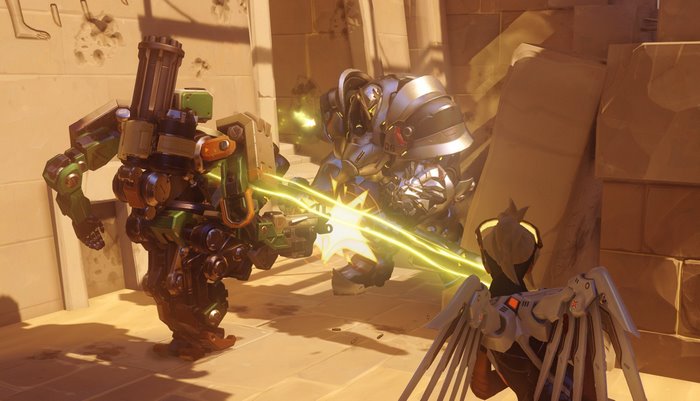 Bastion and Reinhardt from Overwatch in combat