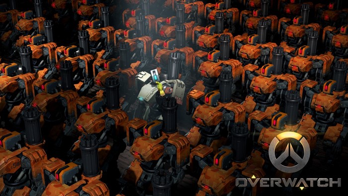 Bastion from Overwatch surrounded by Omnics
