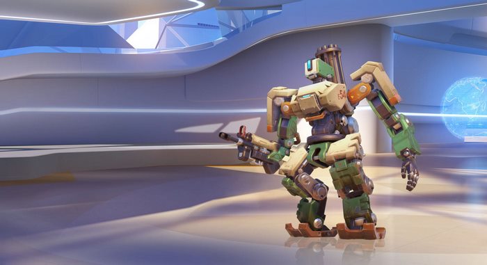 Bastion from Overwatch in a futuristic room