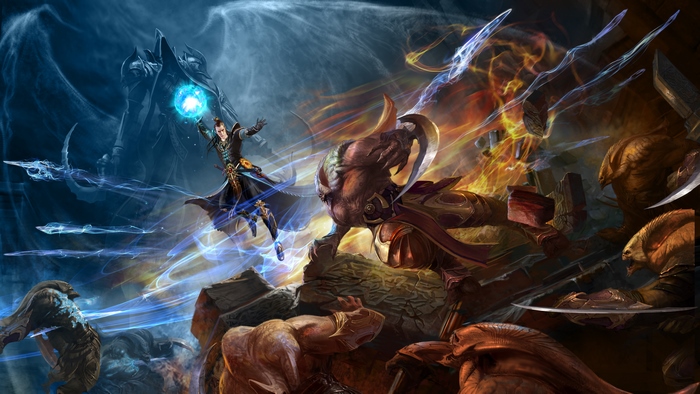Wizard from Diablo III fighting monsters