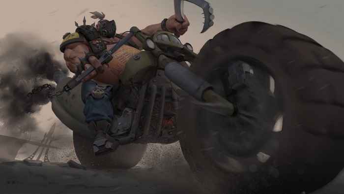 Roadhog from Overwatch on a motorcycle