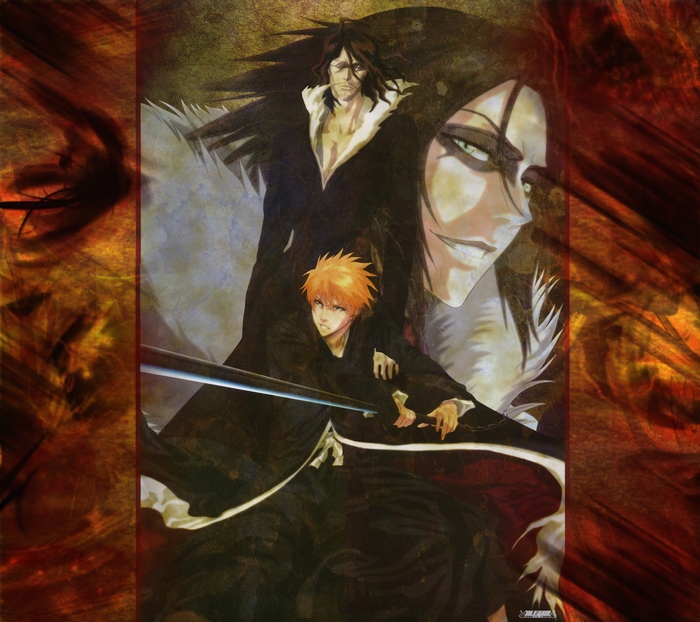 Ichigo, Sosuke Aizen, and Genryusai Shigekuni Yamamoto from Bleach