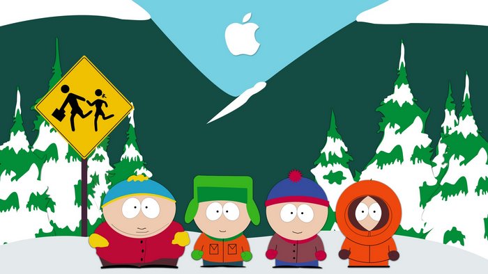 South Park characters with Apple logo and school crossing sign