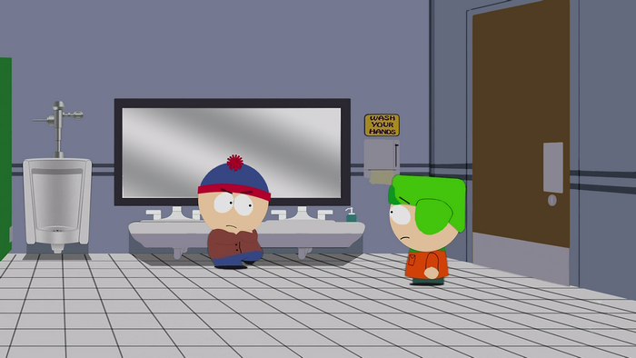 Stan Marsh and Kyle Broflovski in a bathroom